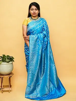 Malibu Blue Banarasi Katan Satin Silk Saree – Floral Bail Design & Bold Paisley Motif Pallu