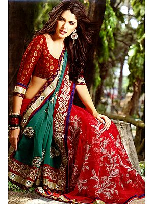 Tango Red and Green Designer Sari with Metallic Thread Embroidery and Patch Border