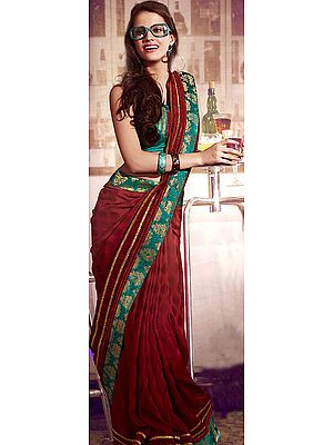 Tango-Red Designer Sari with Paisley Patch Border and Self-Weave of Flowers