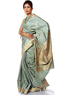 Tea-Green Brocaded Sari from Banaras with All-Over Bootis and Floral Weave on Border Anchal