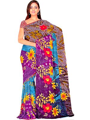 Teal and Purple Sari with Large Printed Flowers
