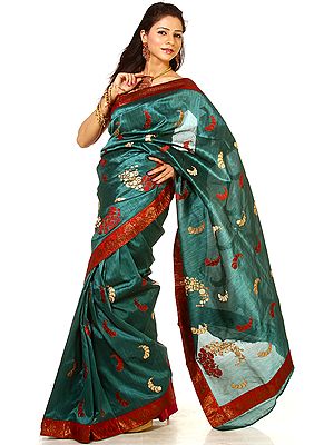 Teal Banarasi Sari with All-Over Embroidered Bootis and Brocaded Patch Border