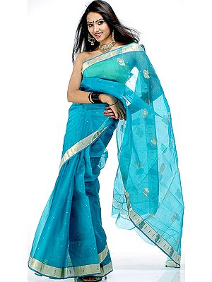 Teal Chanderi Sari with Golden Zari