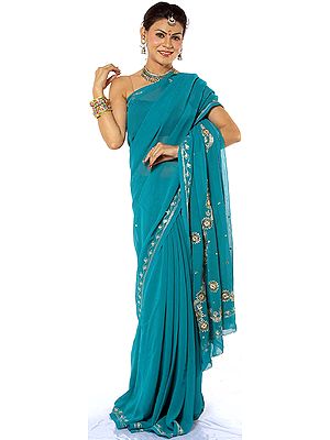 Teal Green Sari with Sequins and Threadwork