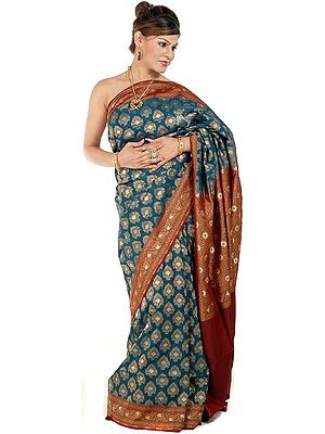 Teal Jamdani Banarasi Sari with Large Bootis Woven All-Over