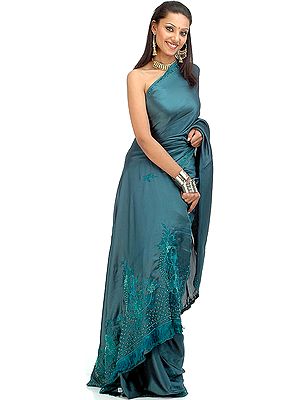 Teal Sari with Beads and Threadwork