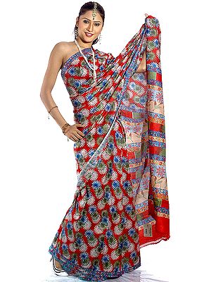 Tri-Color Floral Block-Printed Kalamkari Sari from Andhra Pradesh