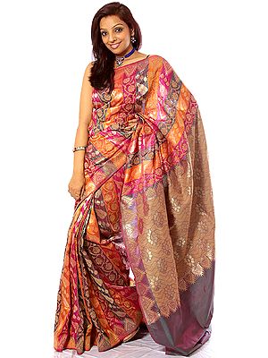 Tri-Color Rainbow Sari from Banaras with Hand-woven Leaves All-Over in Golden and Jute Thread