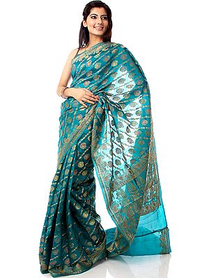 Turquoise Banarasi Sari with Woven Paisleys All-Over