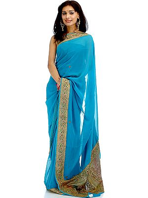 Turquoise Sari with Beads and Tissue Border