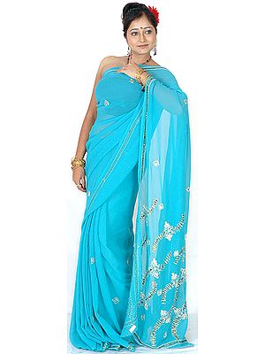 Turquoise Sari with Sequins and Beads