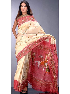 Tussar Silk Sari with Kantha Stitch Embroidery