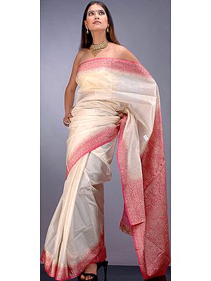 Vanilla Tussar Silk Sari with Pink Border