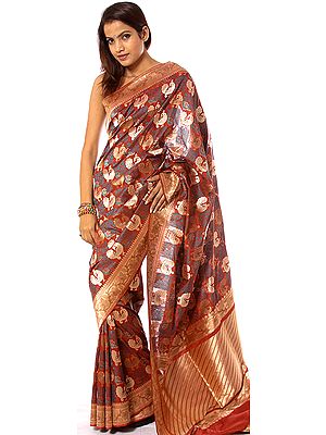 Vermilion-Red Jamawar Sari from Banaras with Hand-woven Peacocks