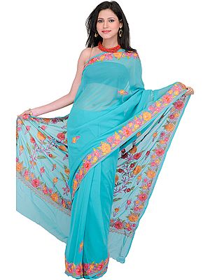 Viridan-Green Sari from Kashmir with Aari-Embroidered Flowers