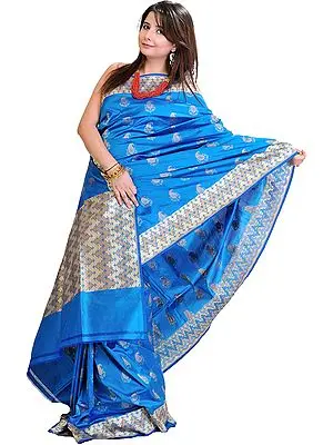 Vivid-Blue Banarasi Sari with All-Over Woven Booties in Metallic Thread
