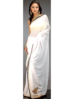 White and Black Georgette Sari with Beads and Threadwork