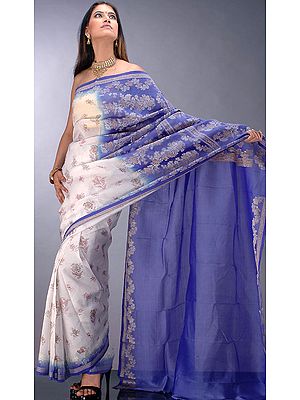 White and Blue Georgette Sari with Block Print