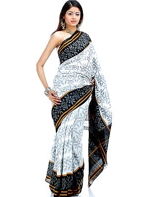 White and Gray Ikat Sari from Pochampally