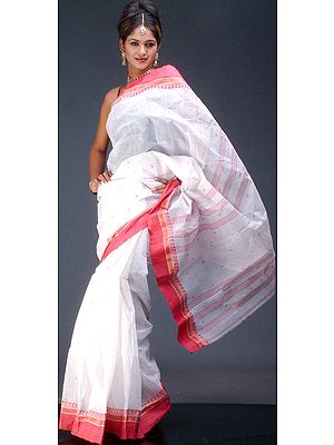 White and Pink Tengail Sari with Golden Thread Weave
