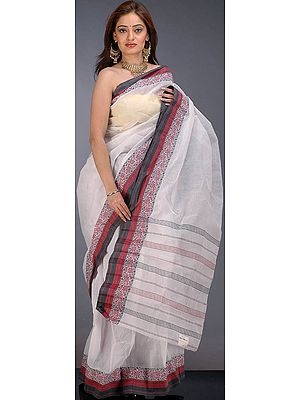 White Cotton Sari with Gray and Red Border