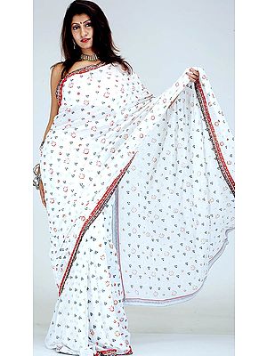 White Designer Sari with Painted Bootis and All-Over Sequins