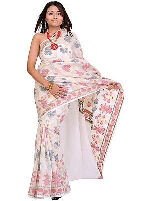 White Sari from Banaras with Floral Weave in Red and Black Thread