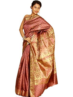 Wild-Rose Banarasi Sari with Tanchoi Weave and Brocaded Aanchal