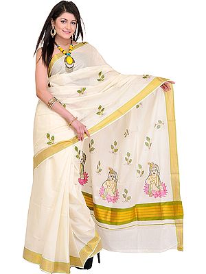Winter-White Sari with Golden Border and Embroidered Baby Krishna