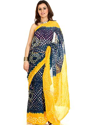 Yellow and Cerelean Shaded Bandhani Sari from Gujarat