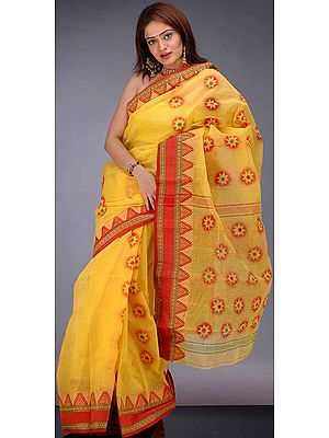 Yellow and Red Hand-Painted Sari from Bengal