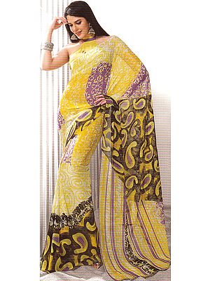 Yellow Designer Sari with Modern Print and Paisleys All-Over
