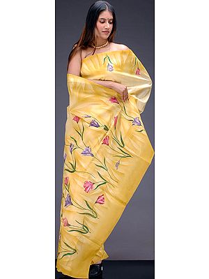 Yellow Hand-Painted Floral Sari