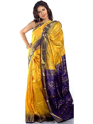 Yellow Kanjivaram Sari with Golden Zari Weave and Anchal and Border