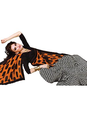 Zebra and Leopard Printed Sari with Patch Border