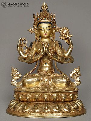 11" Chenrezig Idol from Nepal | Copper Statue with Gold Gilded