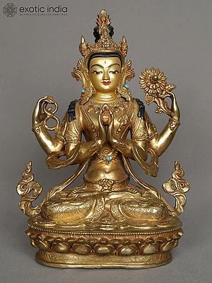 10" Chenrezig Copper Statue with Gold Gilded | Nepalese Copper Idol