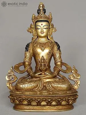 10" Golden Brass Amitayus Buddha Statue from Nepal