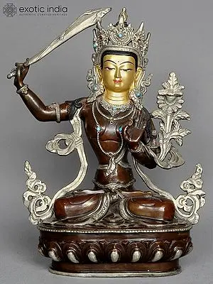 Copper and Gold Manjushri Sculpture: 13" Statue of Wisdom