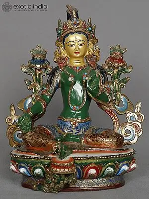 Green Tara Statue: 8" Copper Sculpture with Gold Detailing