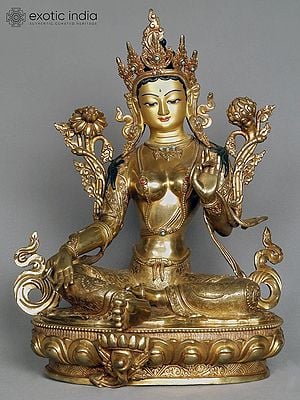 16" Green Tara Idol from Nepal | Copper Statue with Gold