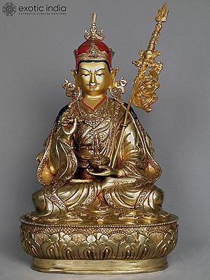 16" Guru Padmasambhava Copper Idol Seated on Ornament Throne | Statue from Nepal