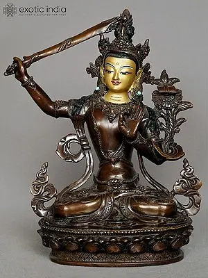 Wisdom Deity: 10" Manjushri Copper Statue | Nepalese Buddhist Idol