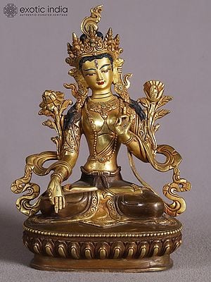 9" Goddess White Tara Idol from Nepal | Copper Statue with Gold Gilded