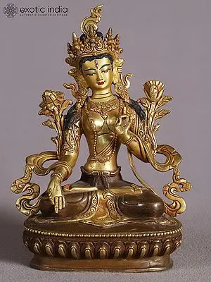 9" White Tara Goddess Statue from Nepal | Copper Sculpture with Gold Gilding