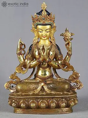 Chenrezig Copper Statue: 14" Kharchari Idol from Nepal