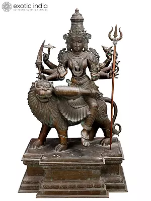 45" Large Eight-Handed Goddess Durga Bronze Statue Seated on Lion – Exquisite Craftsmanship