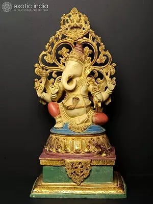 20" Lord Ganesha Seated on High Pedestal with Kirtimukha