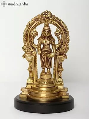 7" Brass Standing Lord Vishnu Idol on Wooden Base with Kirtimukha Arch