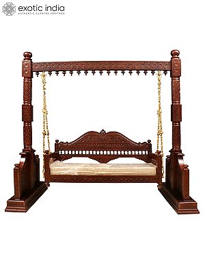 90" Large Wood Carved Designer Swing with Brass Chains | Home Decor